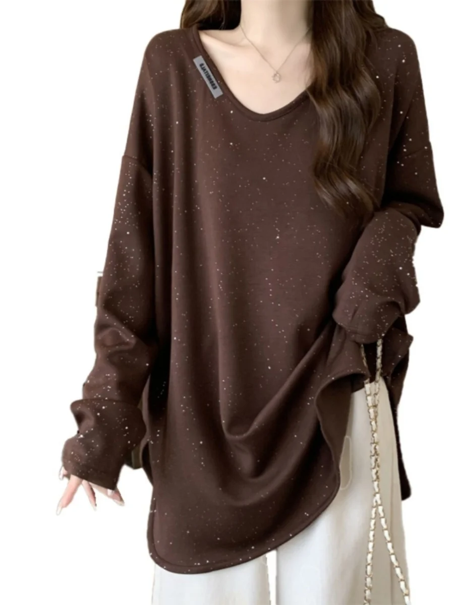 iny Sequin Long Sve T-shirt dames losse pasvorm basislaag irt V-Ne halflange polyester stof herfst winter plus maat