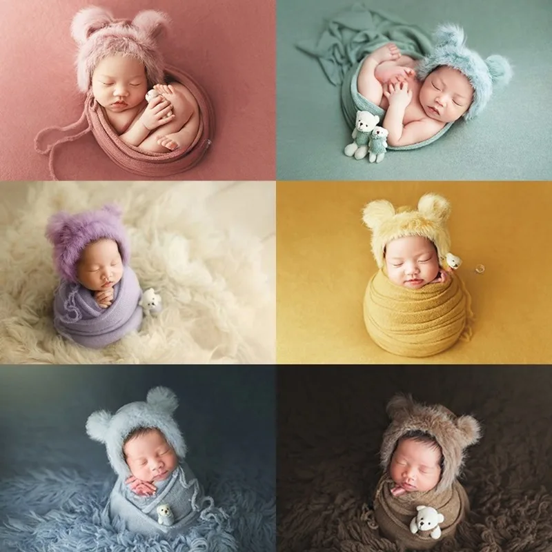 Newborn Baby Hat Bear Plush Prop Set for Photography Infant Wrap