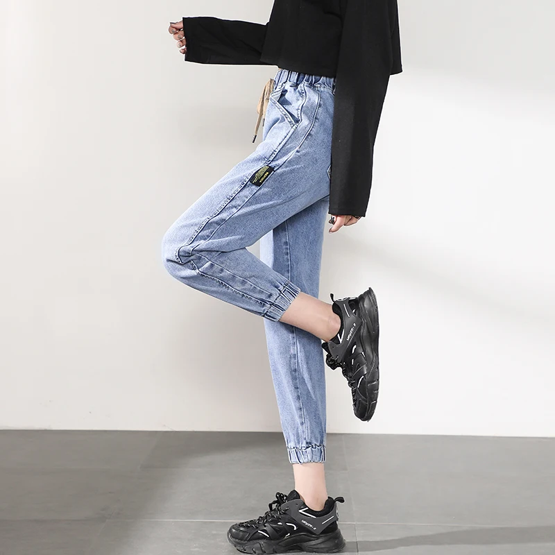 

Loose Fit Elastic Waist Denim Jeans Women's Spring Autumn High Waist Cotton Stretch Light Wa Long Pants Student Sle