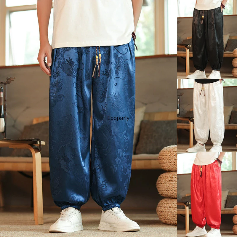 

Men's Chinese Vintage Lce Silk Wide Leg Pants Summer Casual Dragon Printed Elastic High Waisted Pants Male Harajuku Streetwear