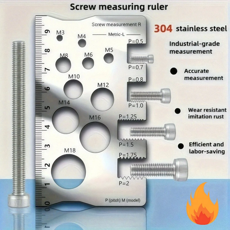 1PC 304 Stainless Steel Screw Measuring Gauge, Bolt Nut Caliper, M12 Thread Pitch Distance Ruler, Durable Gift