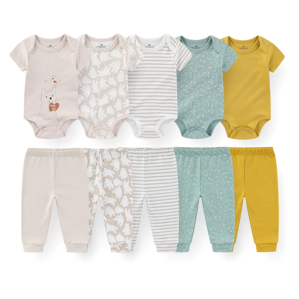 10Pcs 0-12M Fresh Cartoon Style Short Sleeve Cotton Unisex Baby Animal Print Romper Pants 5 Sets