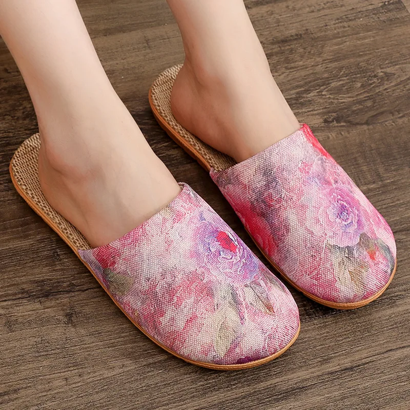 Весенне-осенние удобные тапочки с ретро-принтом, женские подходящие домашние нескользящие дышащие туфли из конопли на мягкой подошве