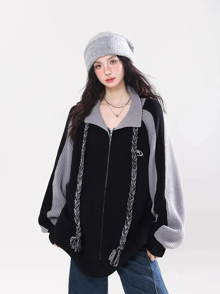 

Fall Vintage Women Knitted Cardigan Loose Lazy Wind Letter Print Bandage Sweaters American Streetwear Patchwork Retro Coats New