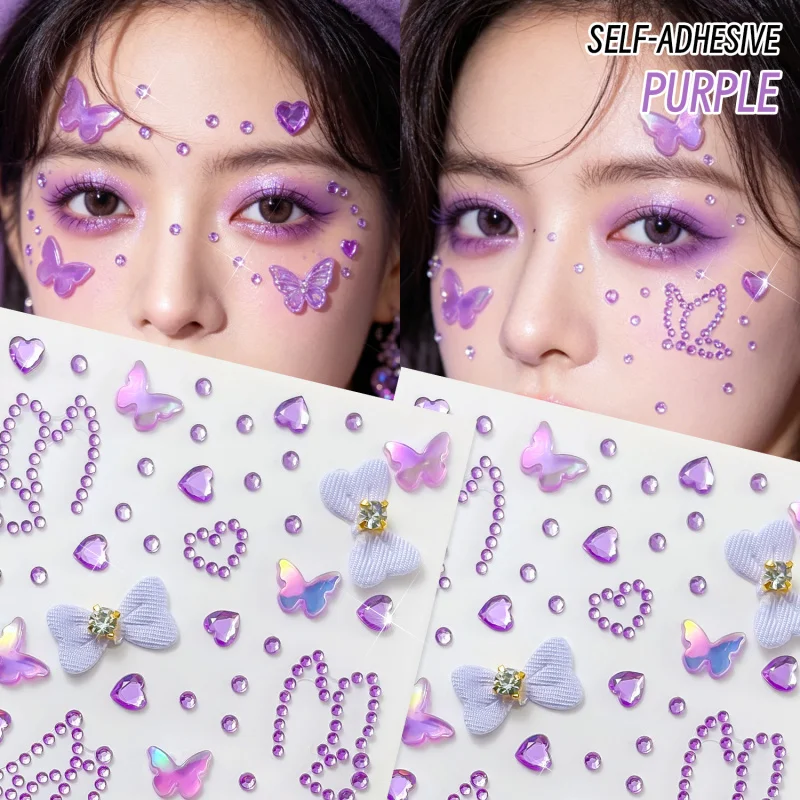 1Sheet Y2K Purple Face Jewels Stickers Self-Adhesive Butterfly & Bow Heart Rhinestone Decals for Festival, Concert, Party Makeup