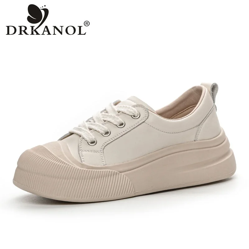 

DRKANOL Concise Casual Sneakers Women Flat Platform Shoes Spring Lace-Up Genuine Leather Academic Style Lightweight Board Shoes