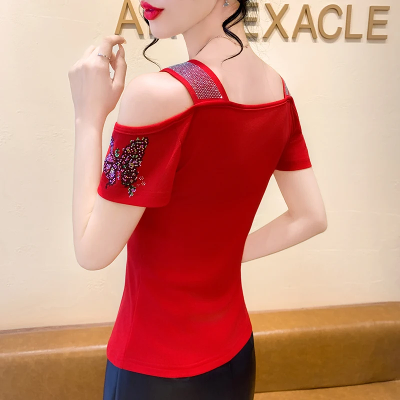 New European Clothes Women's Sexy T-Shirt Luxury Shiny Diamonds Mesh Tops Chic Elegant Off Shoulder Female Tees Blouse