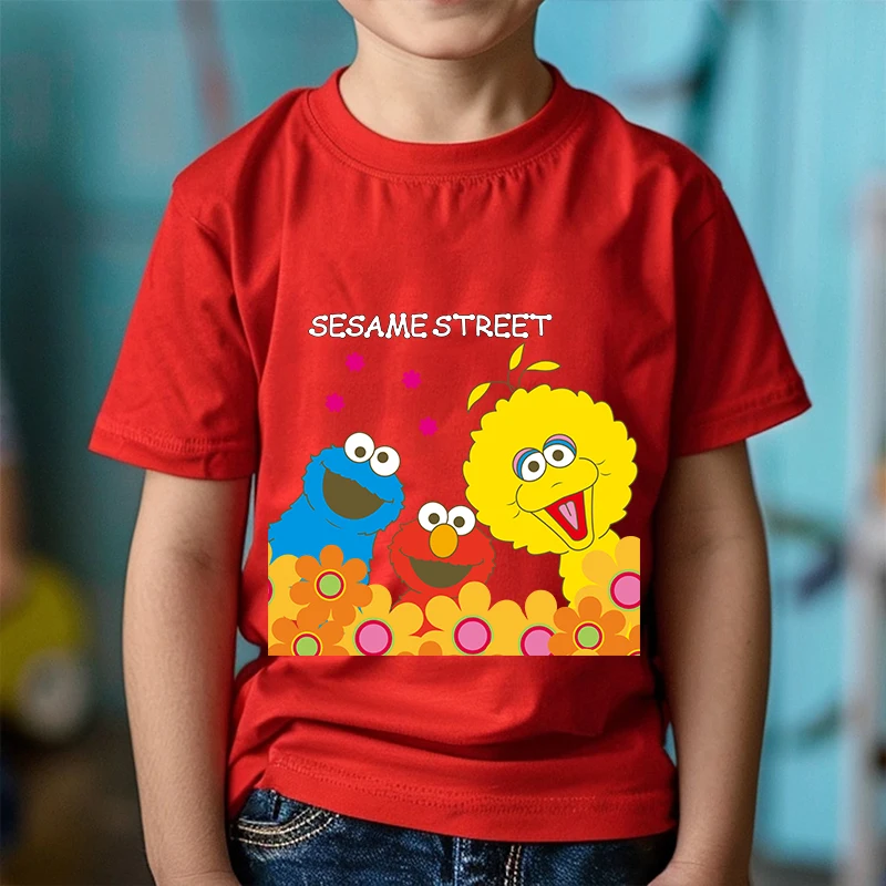 Sesame Street Printed Kids T-shirt Summer Children's Cotton Short Sleeve Red Casual Top Suitable for Boys and Girls