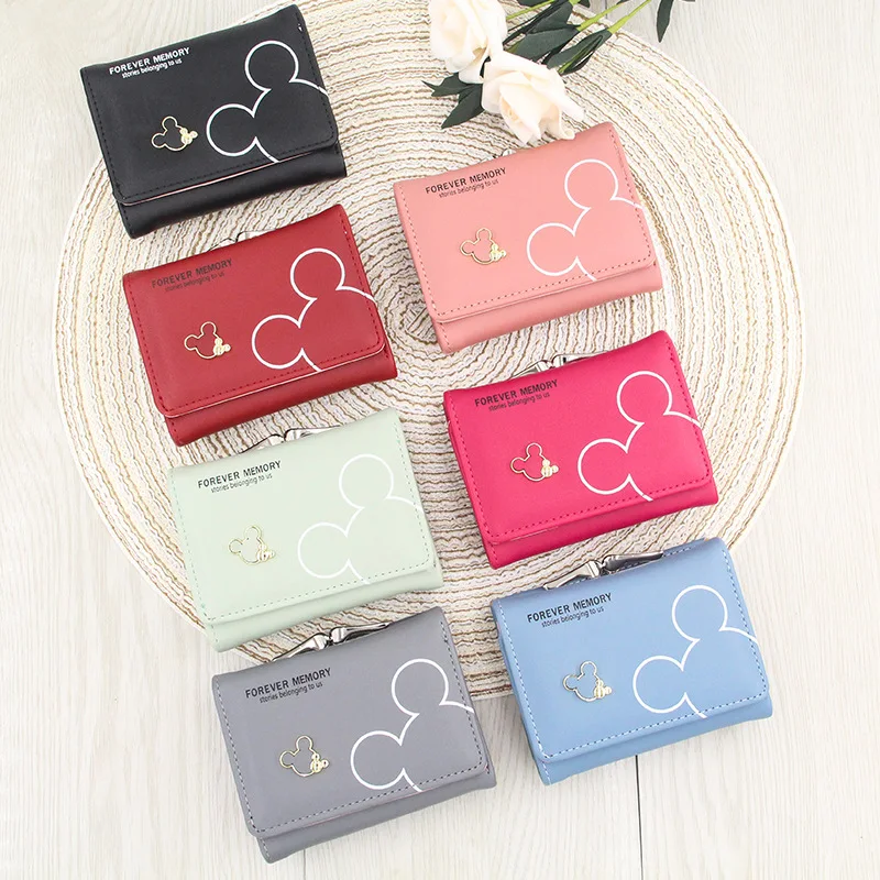 Cartera de cuero PU de Disney para mujer, monedero de Mickey Mouse, patrón de dibujos animados, billetera de tres pliegues, Mini bolso de mano para