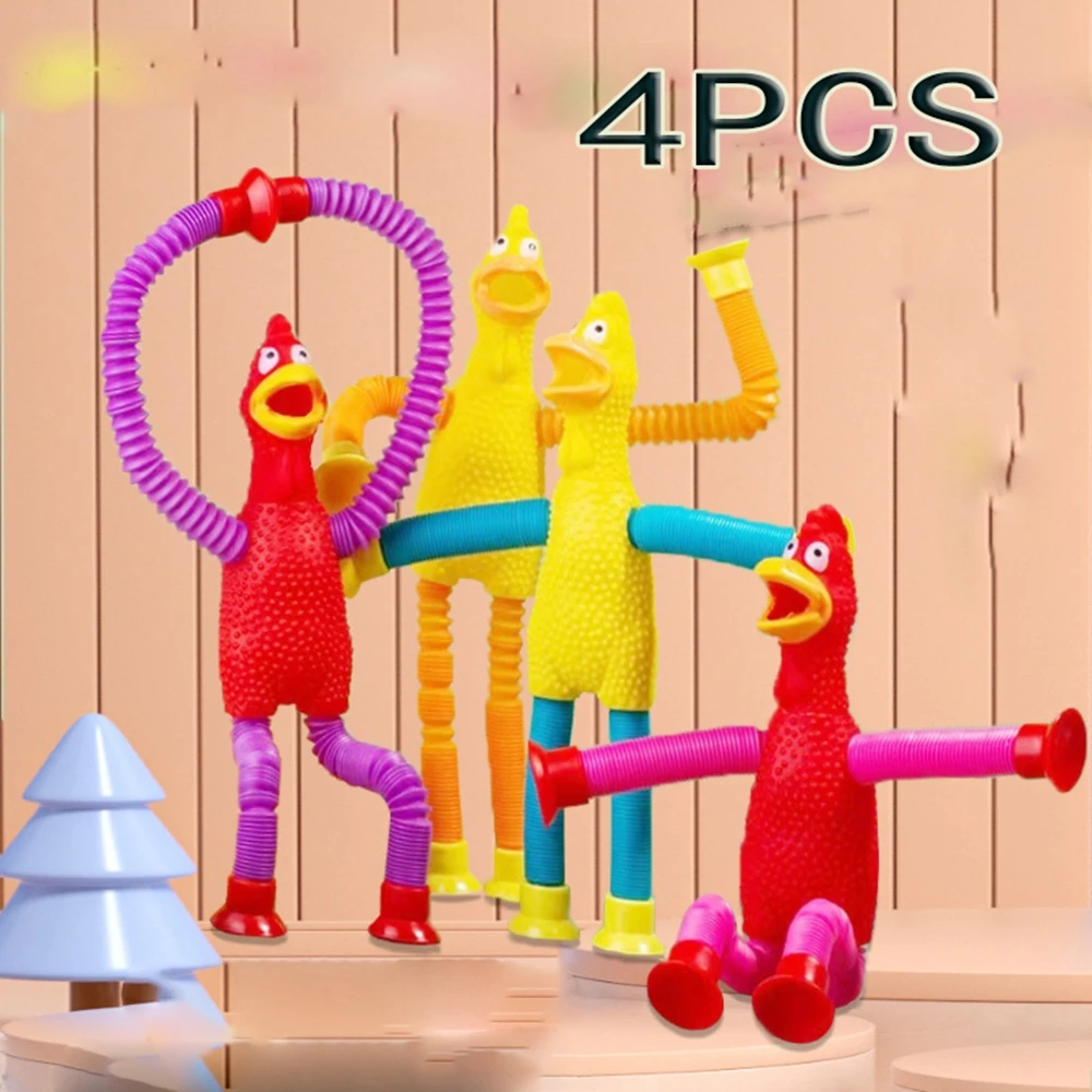 4PCS Telescopic Suction Cup Chicken Pop Tubes Stress Relief Fidget Sensory Toys Stretch Bend Build Connect Toy Party Favors