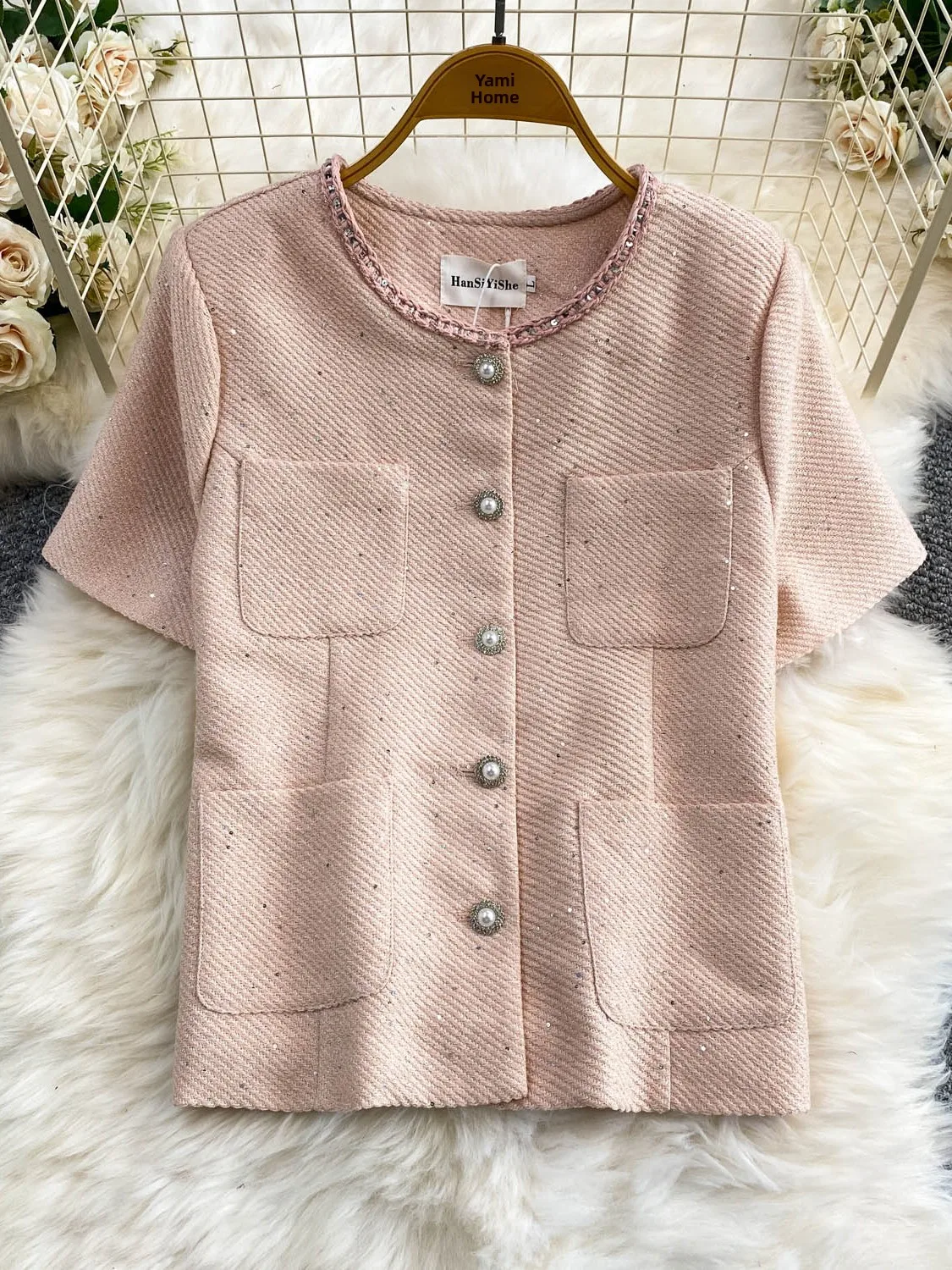  Short Outerwear round Neck Knitted Heavy Embellished Woolen Blend Slimming Loose Fit Summer Coat for Women