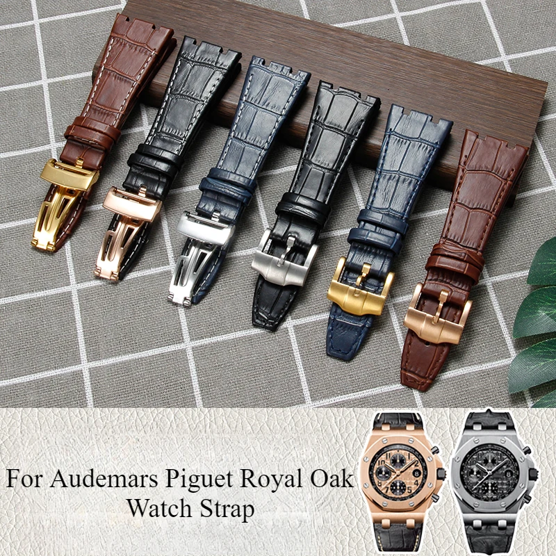 Black Blue Brown Delicate Selected Great Cow Leather Watchband for Audemars Piguet Royal Oak Double Concave Interface Strap 26mm