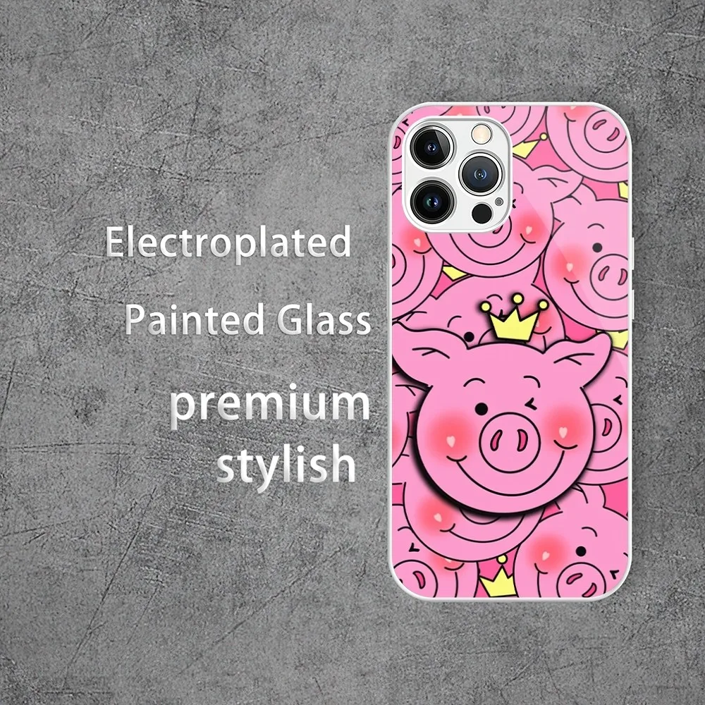 Cartoon P-Percys Pig Phone Case For Electroplated Painted Glass iPhone 13 12 14 11 Plus Pro Max X XS XR Mini Shell