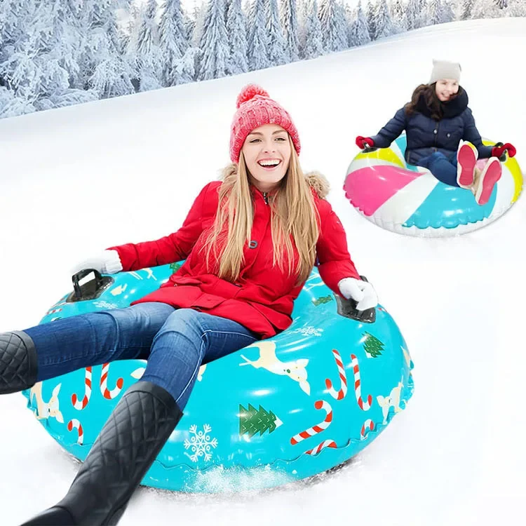 Wholesale Custom Winter Outdoor Durable Thicken 90CM Float Sled Ski Ring Circle PVC Hard Bottom Inflatable Snow Tube With Handle