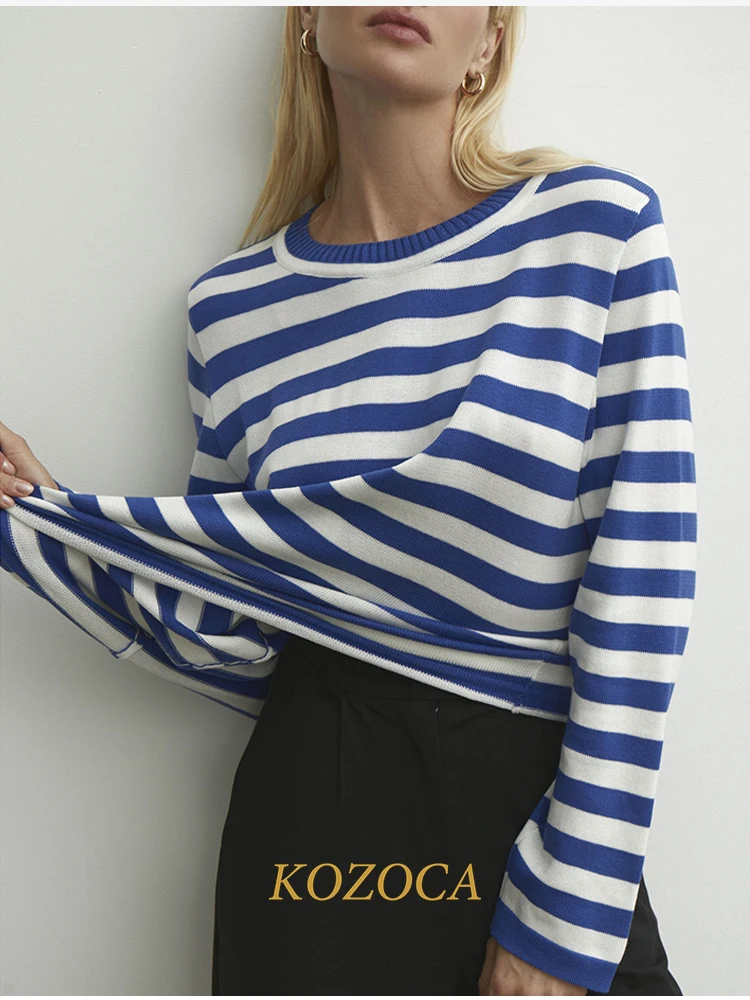 Kozoca Stripe Sweater Women New Autumn Loose Casual Thick Pullover Female Jumper Warm Soft Long Sleeve Round Neck Fashion Tops