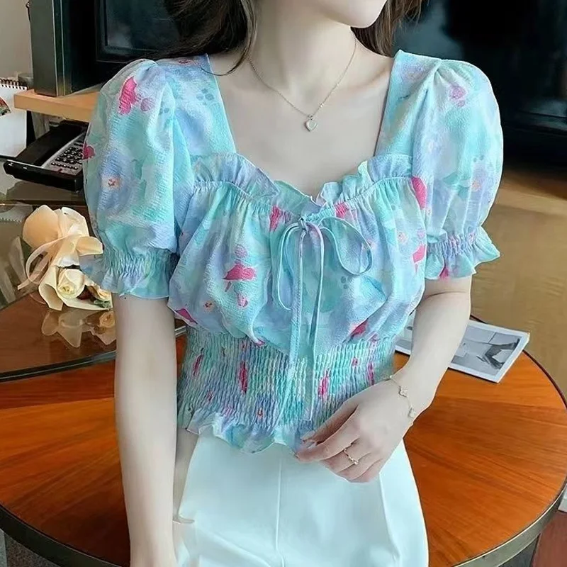 Lacing Short Sleeve Printing Blouse Summer New All-match Slim Pleated Fashion Short Shirt Tops Elegant Sweet Women Clothing