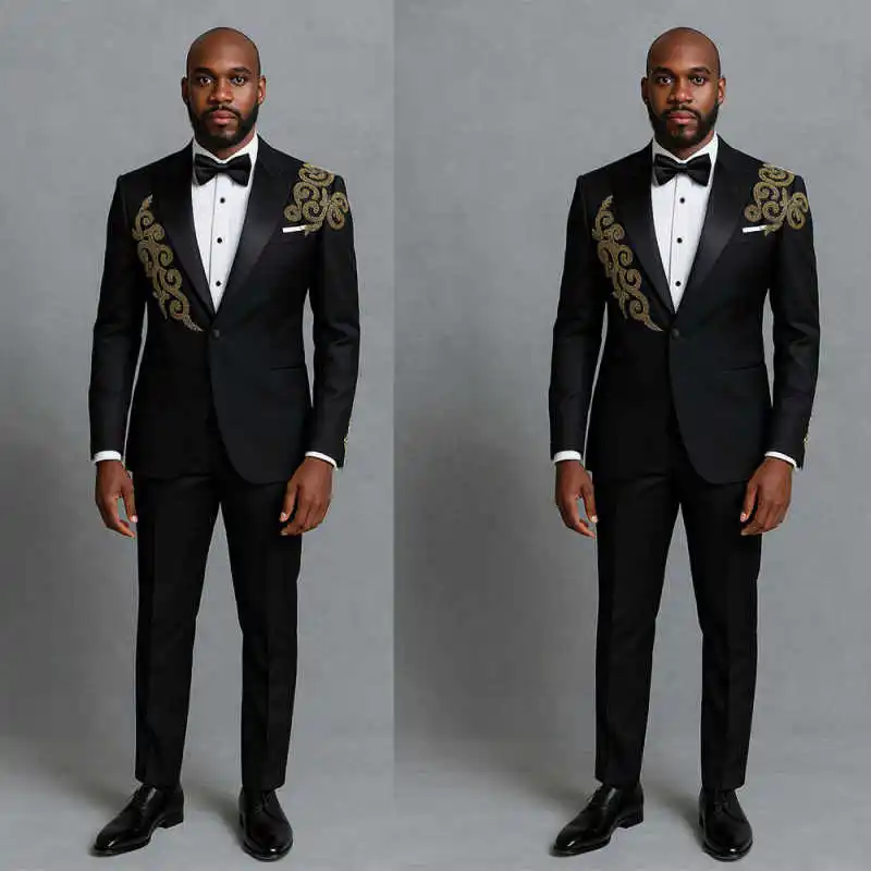 

Stylish Wedding Appliques 2 Piece Set Jacket Pants Peaked Lapel Men Suits Fashion Groom Wear Party Business Suit Customized