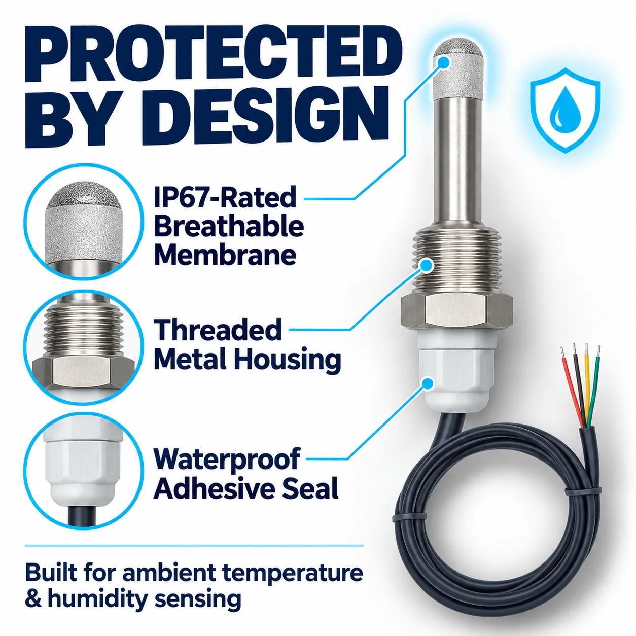 1PCS SHT40 SHT30 SHT20 SHTC3 I2C Temperature Humidity Sensor Stainless Steel G1/2 Threaded Probe with Waterproof Membrane