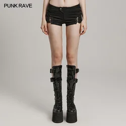 PUNK RAVE Women's Punk Low Waist Twill Woven Shorts Hollow Trapezoid Eyelet Design Cross Decoration Denim Short Pants Summer