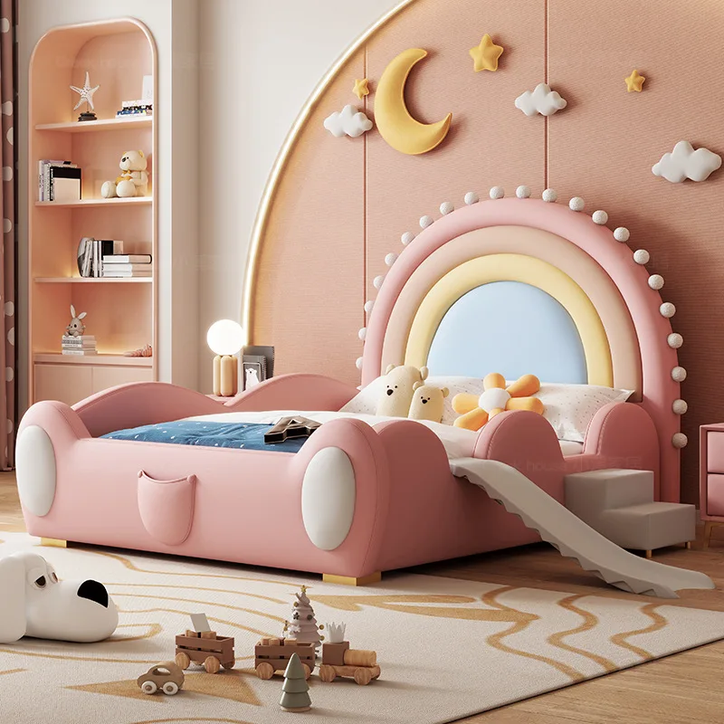 

Designer Modern Children's Bed Boys Girls Solid Wood Rainbow Princess Bed Home Guard Anti-fall Slide Kids Furniture For Bedroom