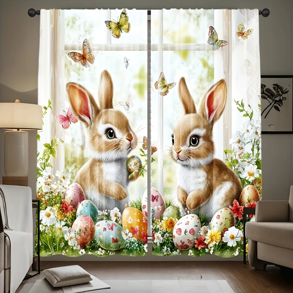 Spring Easter Bunny Curtains Floral Print Window Curtain Panels Nursery Room Decoration Cute Kids Cartoon Window Blinds Decor