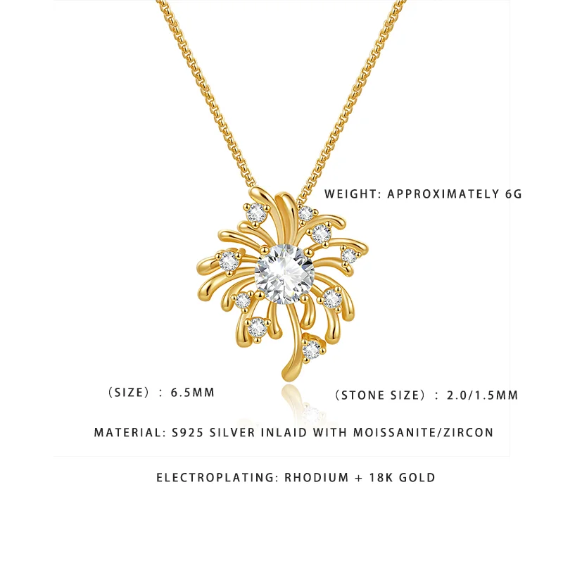 

Sparkling Firework Shape Moissanite Necklace - 925 Sterling Silver 18K Gold Plated Zircon Fashion Jewelry Gift