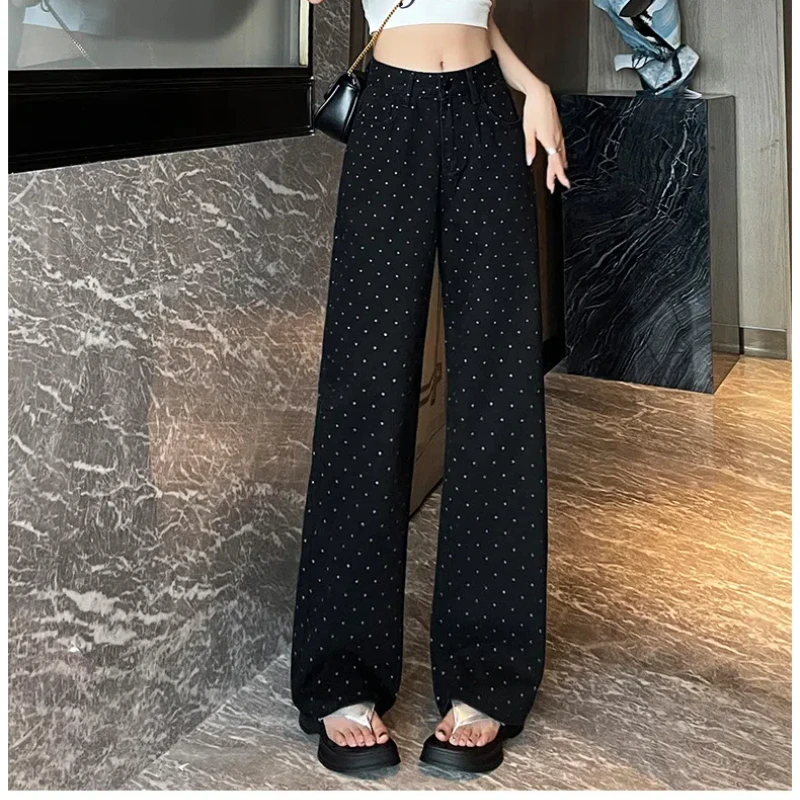 2024 Summer New Fashion Casual Women's High-waisted Button Zipper Polka Dot Printed Pockets Loose Straight Denim Wide Leg Pants