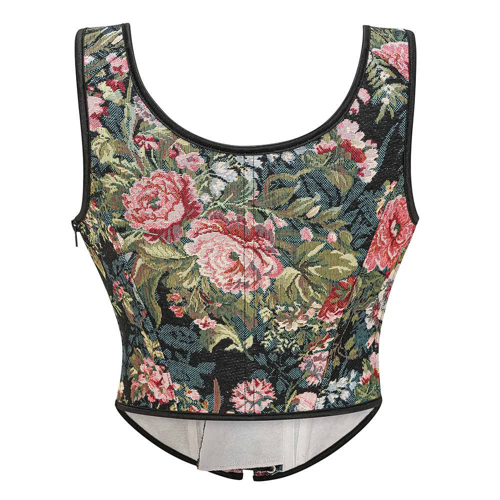 Black Flower Pattern Boned Bustier Sexy Steampunk Vest Woman Medieval Waist Traning Corset Lace Up Goth Top Vintage Clothe