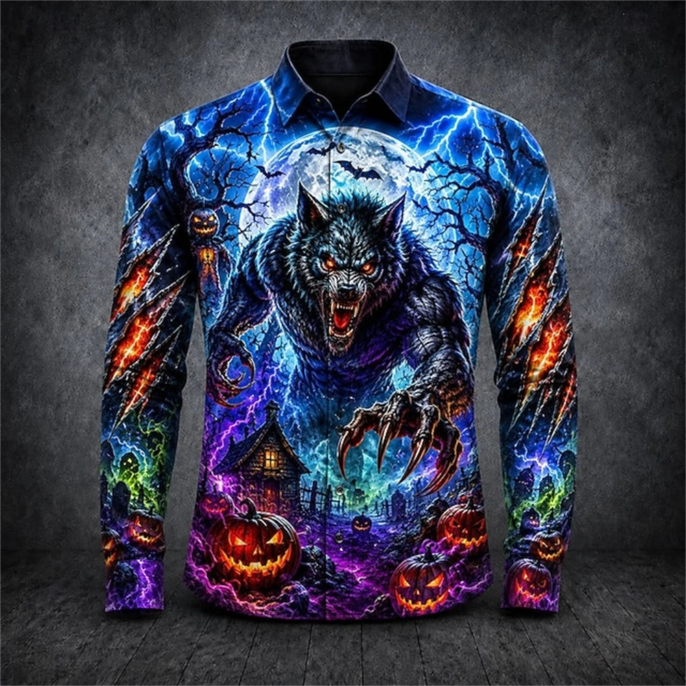 New Fall Men's Shirt Halloween-Themed Collared Long-Sleeve Shirt with Werewolf and Pumpkin Castle Print Button-Down Shirt