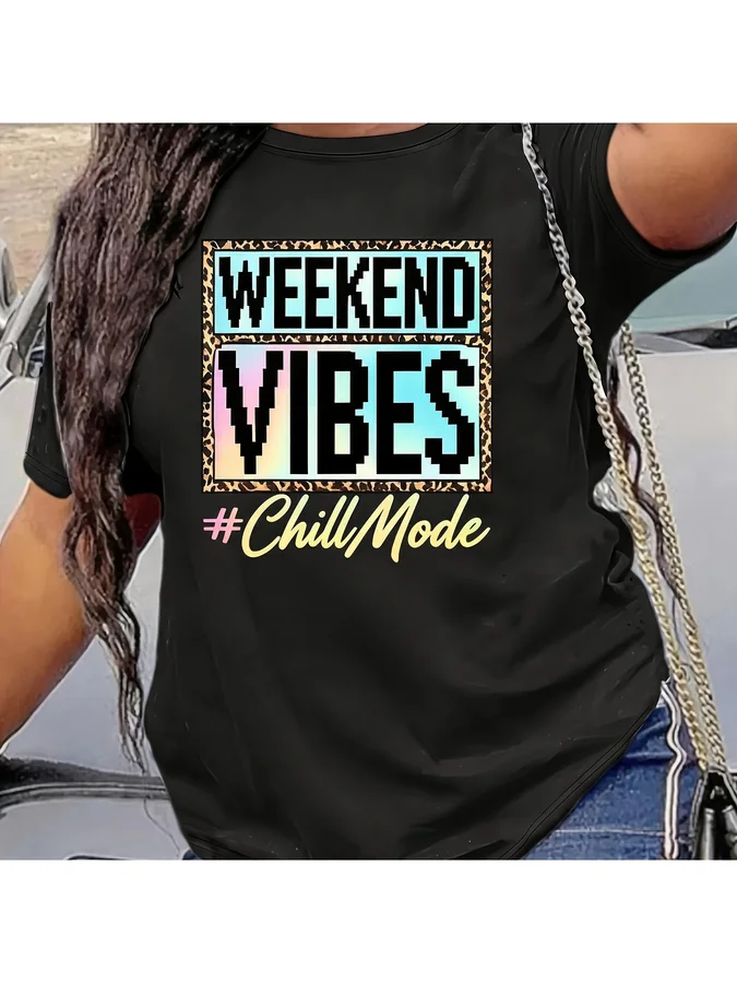Weekend Vibes T Shirt Women Plus Size Leopard Print Border Graphic Tees Chill Mode Letter Print Casual Short Sleeve Harajuku Top