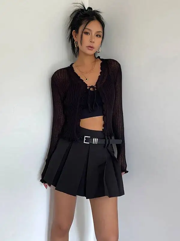 WOMENGAGA Belt Pleated Skirt Spring Summer New Women's High Waisted A-line Half Length Skirt School Girl Uniform V9TX