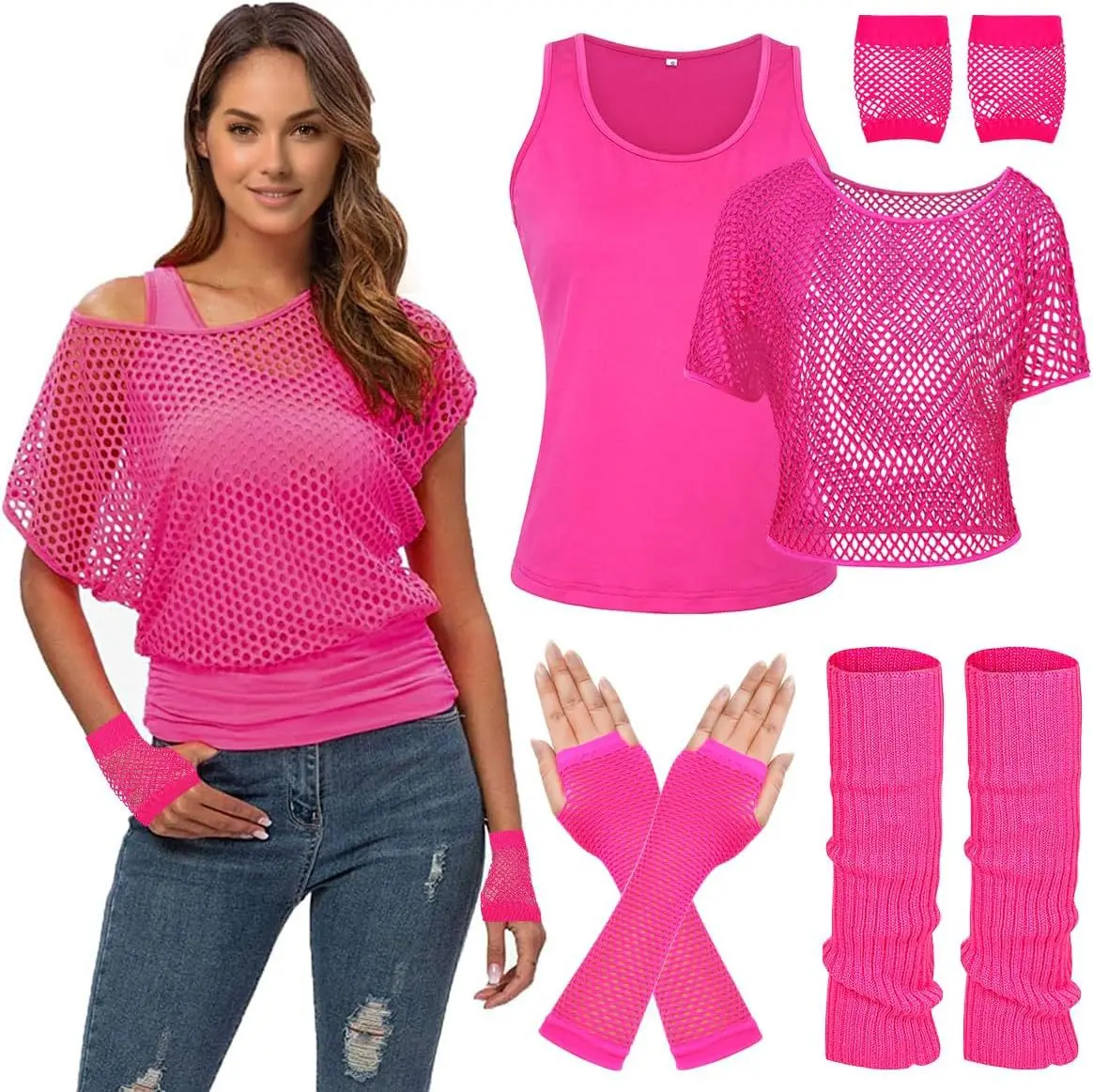Carnival 1980s Party Mesh T-shirt Gloves Foot Covers Vest Set