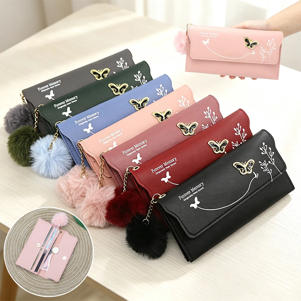 Fashion Fur Ball Long Wallet For Women Girls,Solid Color Leather Long Standard Wallets Butterfly Card Holders Purse Female Bag