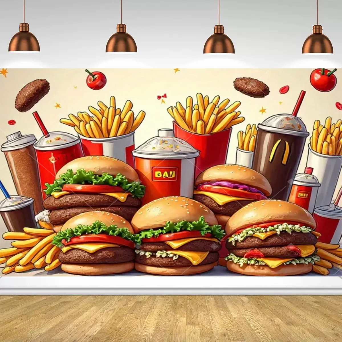Fast Food Hamburger French Fries  Graffiti Style Photo Backdrop Kids Birthday Party Supplies  Restaurant Booth Decoration Banner view 4