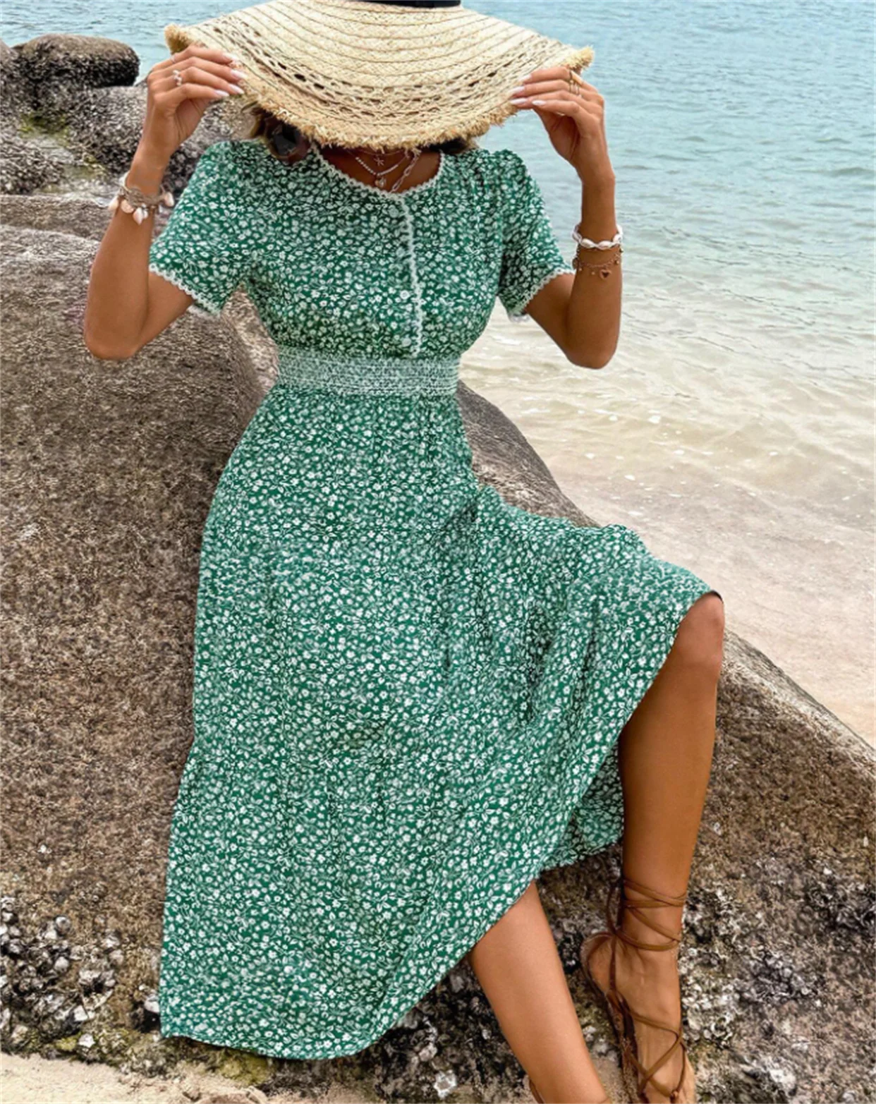 Fashion  Floral Print Crew Neck Dress Elegant Short Sleeve   Green Print A line Dress For Spring  Summer  Women\'s Clothing