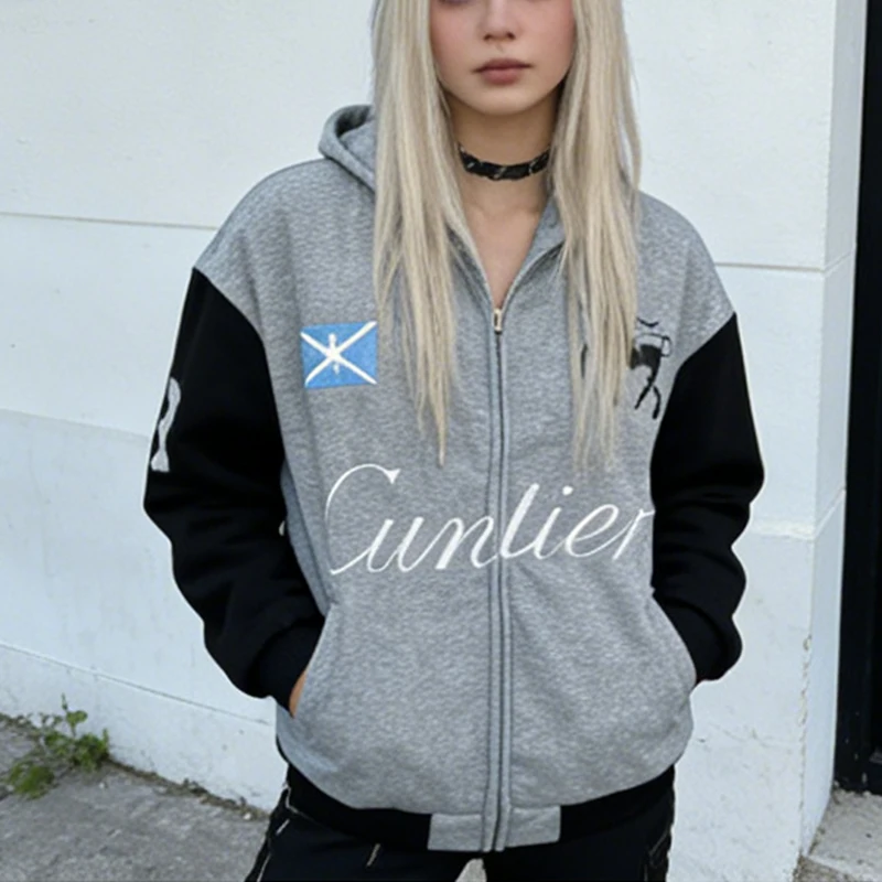 

Модная куртка в стиле гранж с контрастной строчкой, эстетичная повседневная свободная толстовка на молнии с длинными рукавами, осенне-зимняя, с буквенным принтом, повседневный топ