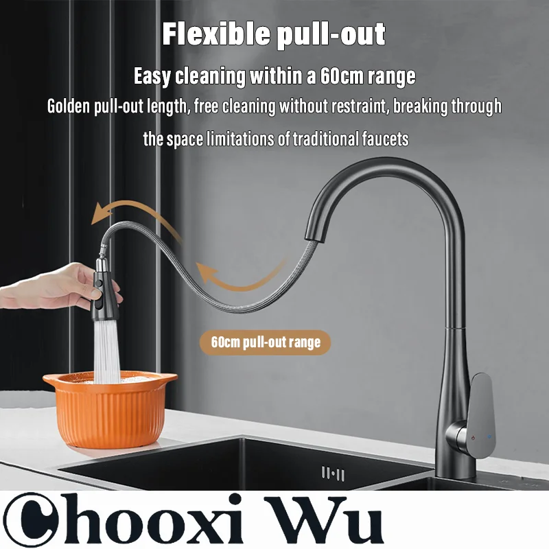 All-copper kitchen hot and cold water faucet, pull-out single-slot and double-slot universal, splash-proof and pressurized