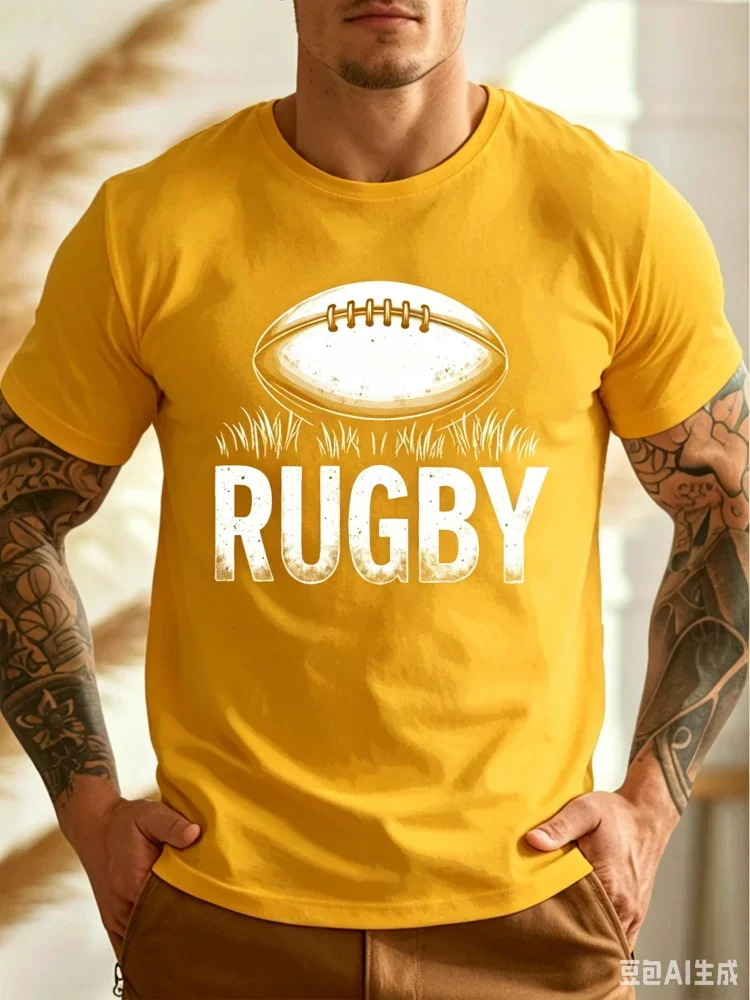 Fashion Men Vintage Distressed Rugby Ball Graphic T-Shirt Sport Football Fan Casual Athletic Streetwear Short Sleeve Daily Tops
