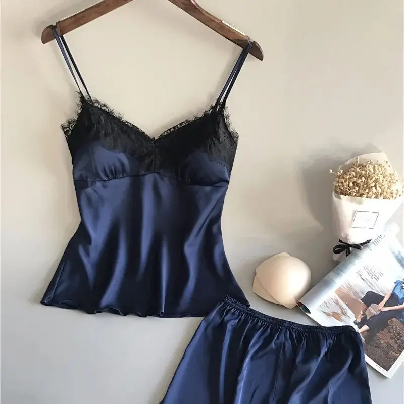 Women Pajama Suit Fashion V-Neck Stretch Satin Babydoll Lace Sexy Lingerie Bowknot Pyjamas Sleep Shorts Set Sleepwear New