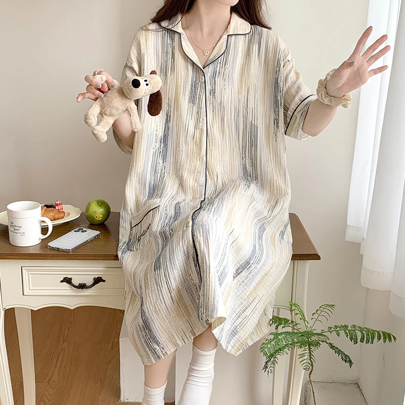 100% Cotton Double Gauze Nursing Night Dress for Maternity Summer Sweet Loose Printed Sleepwear for Pregnant Women Home Hospital