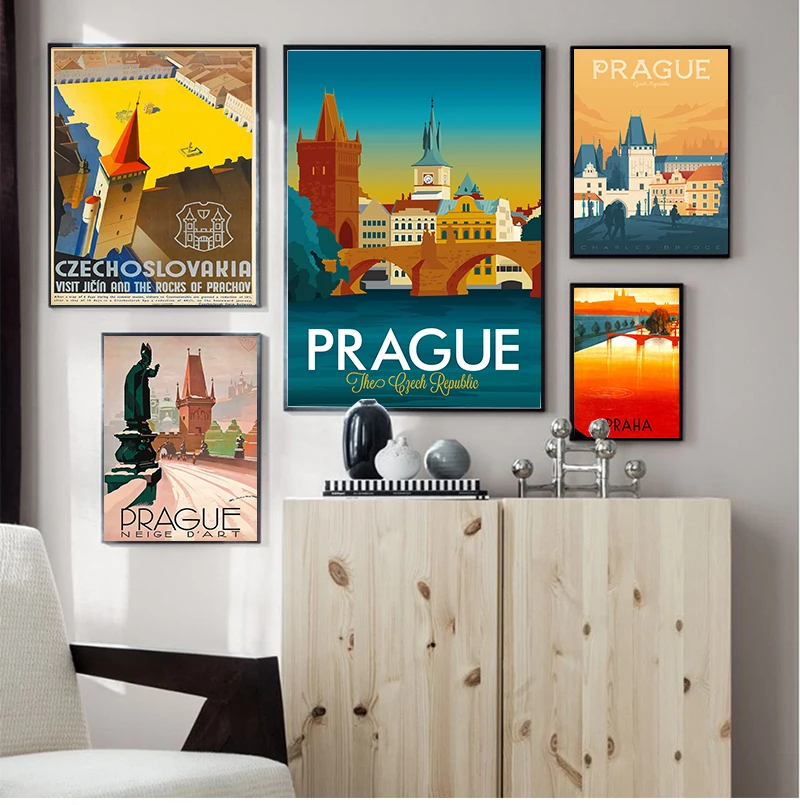 Paintings Vintage Travel Wall Kraft Posters Coated Wall Stickers Home Decoration Gift Visit Czech Republic Prague Canvas