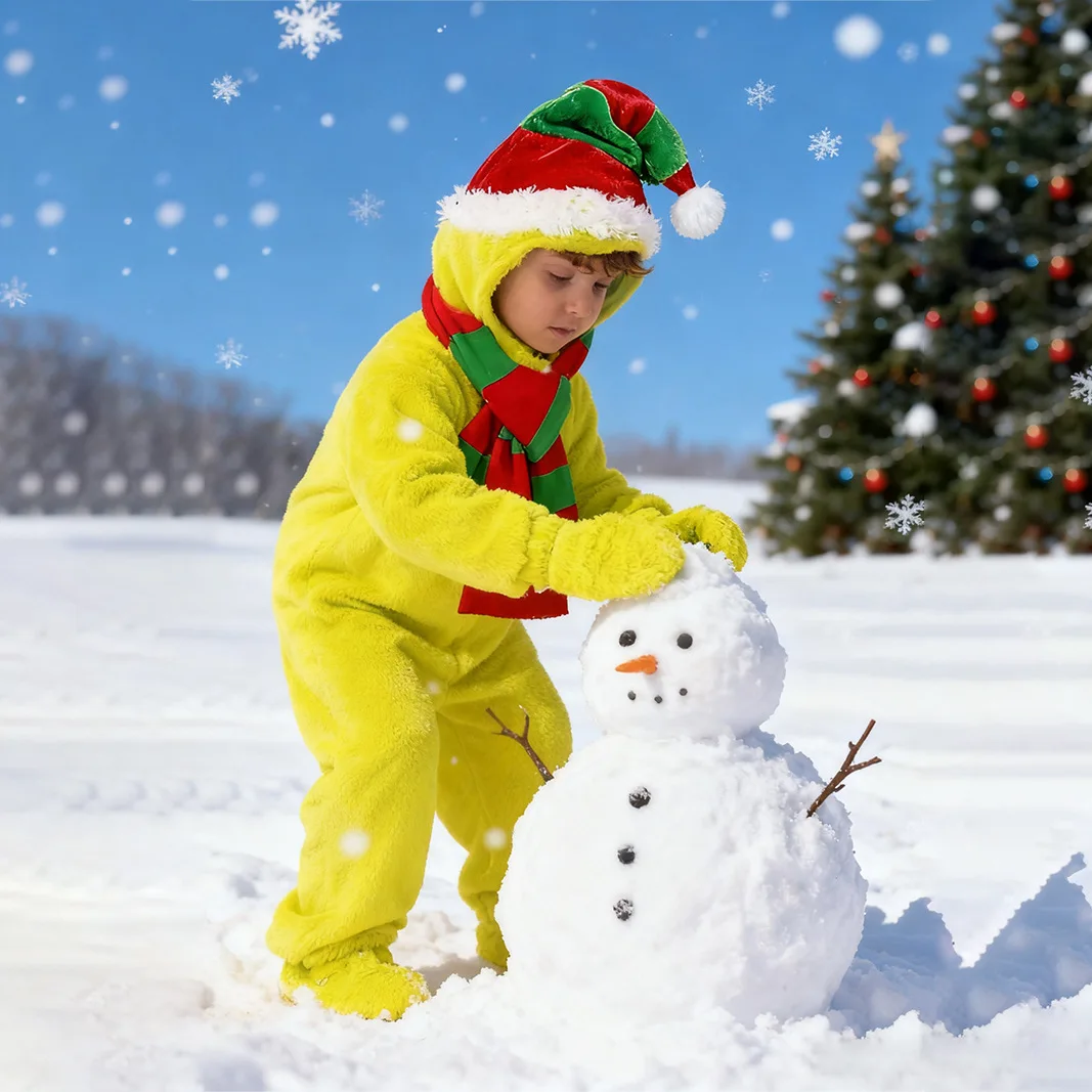 Christmas Children Green Hair Monster Elf Performance Costume Boys Girl Santa Claus Cosplay Jumpsuit Hat Scarf Clothes Set