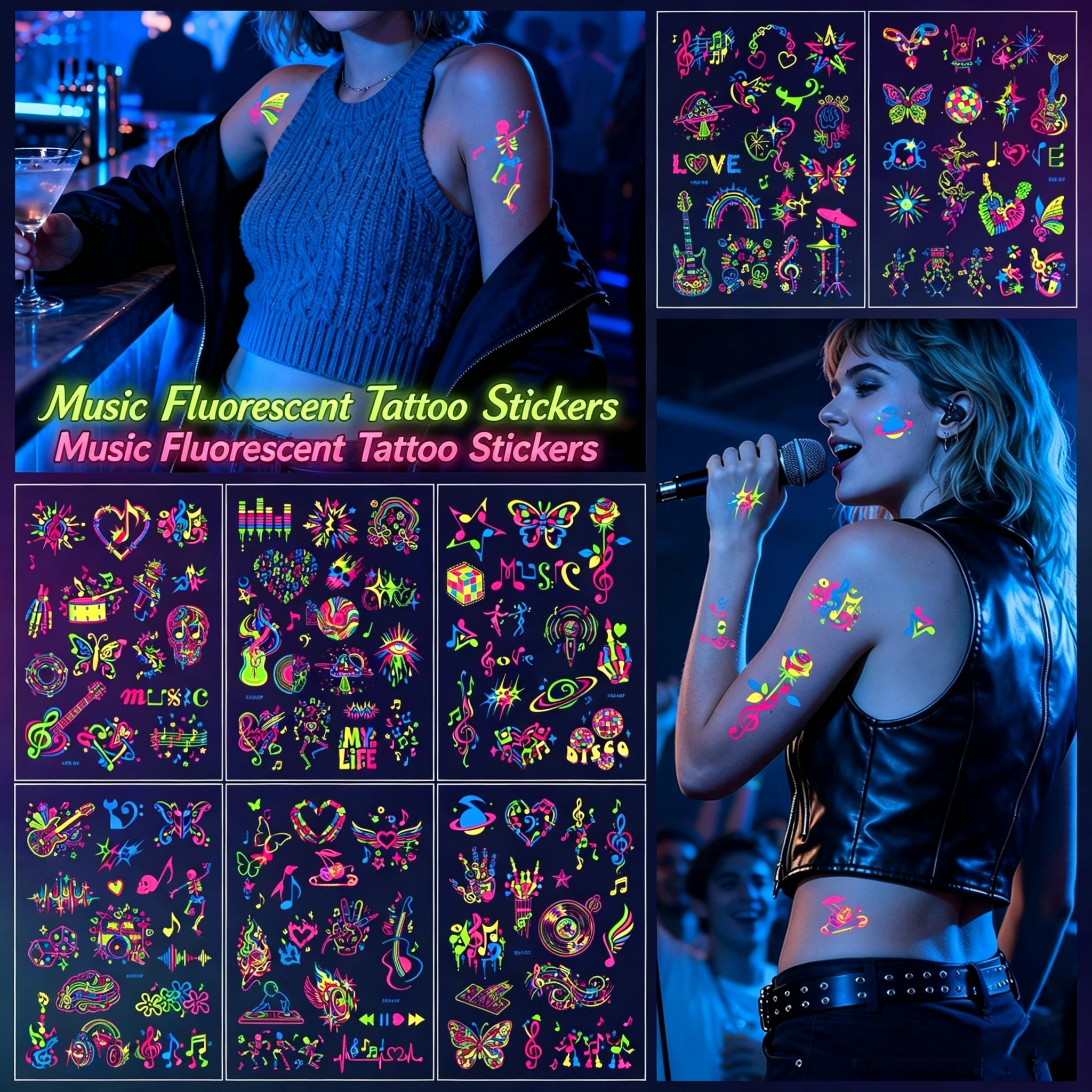 4pcs/set Glow Music Festival Guitar Temporary Tattoo Stickers Colorful Musical Note Magnetic Body Tattoo For Party Gift Sticker