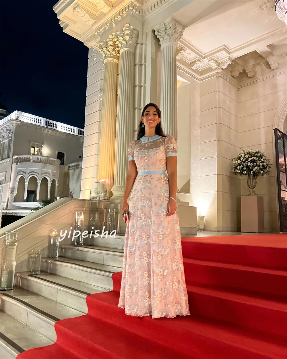 Vestido largo de encaje con flores fruncidas para Homecoming, traje de cuello alto a medida para ocasiones especiales