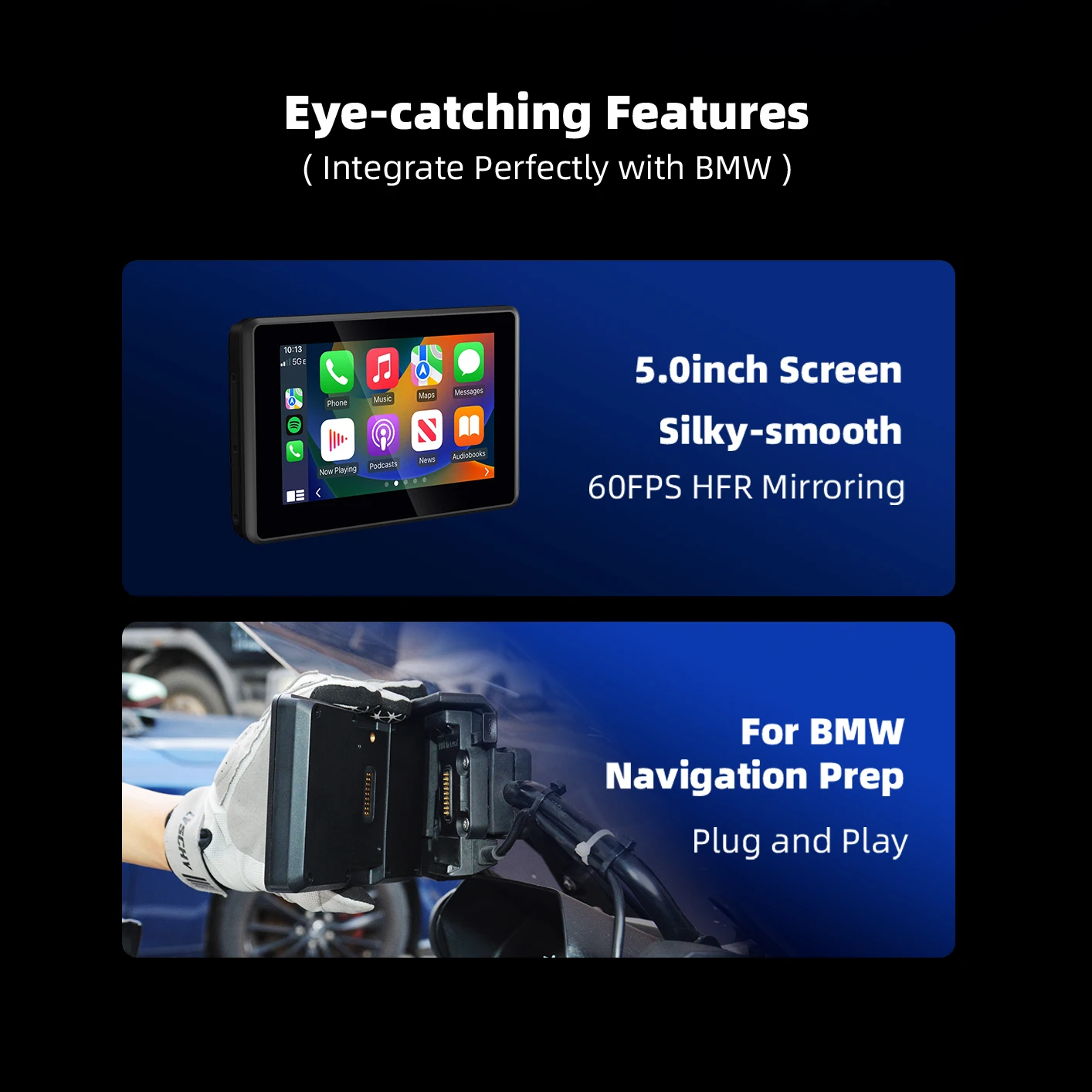 5-Inch Motorcycle Smart Display – Wireless CarPlay & Android Auto，IP67 Waterproof，quick‑release bracket，Compatible with BMW Moto
