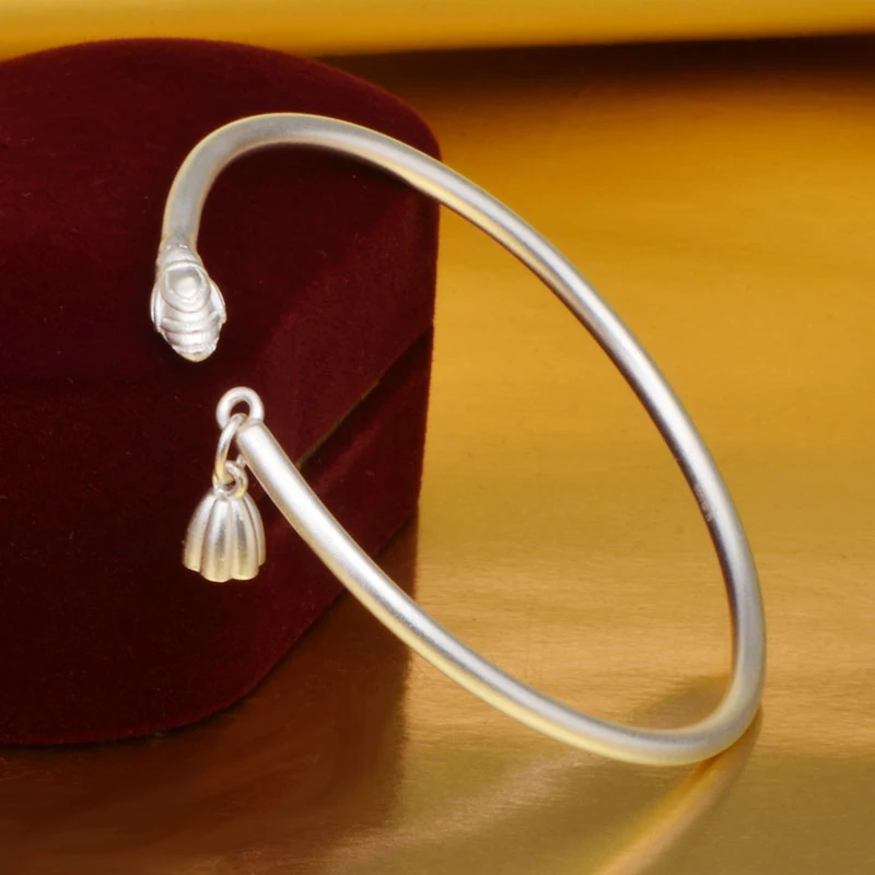 OUYADI 999 Sterling Silver Chinese Style Lotus Seed Pod Open Cuff Bangle Matte Frosted Adjustable Bracelet Women Vintage Fashion