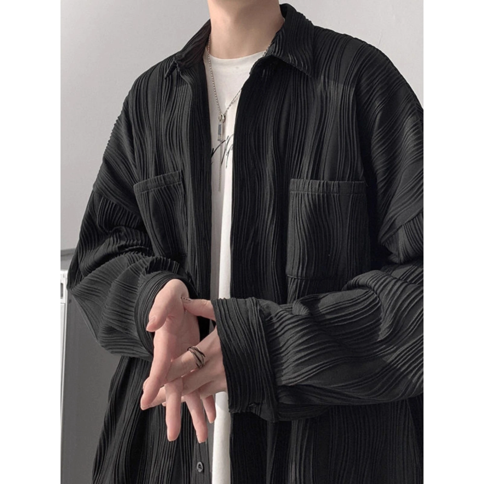 

Мужская свободная рубашка с длинным рукавом, осенне-зимняя, с текстурным дизайном и складками, универсальная, модная, повседневная, из полиэстера