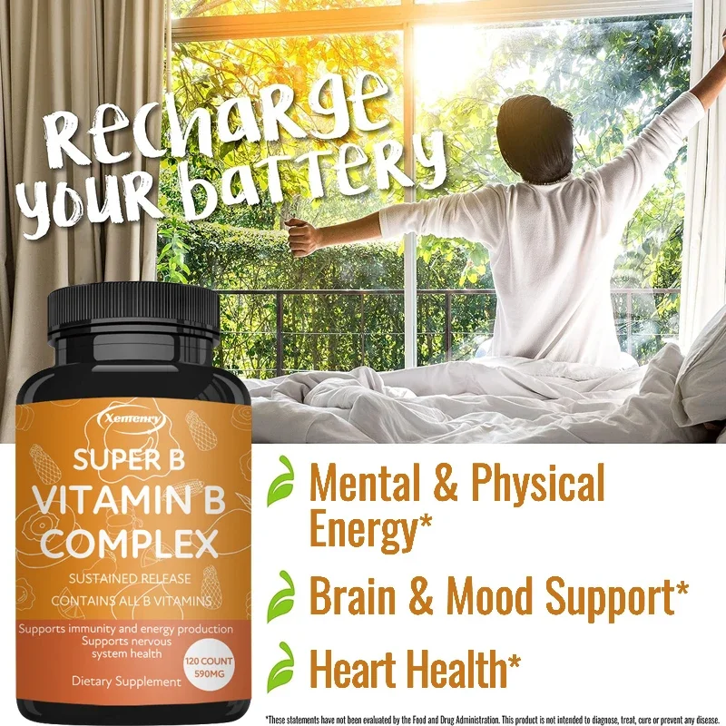 كبسولات فيتامين ب المركبة - مع فيتامين C، B1، B2، B3، B5، B6، B12 - تجديد الطاقة، وتخفيف التوتر، وتعزيز المناعة
