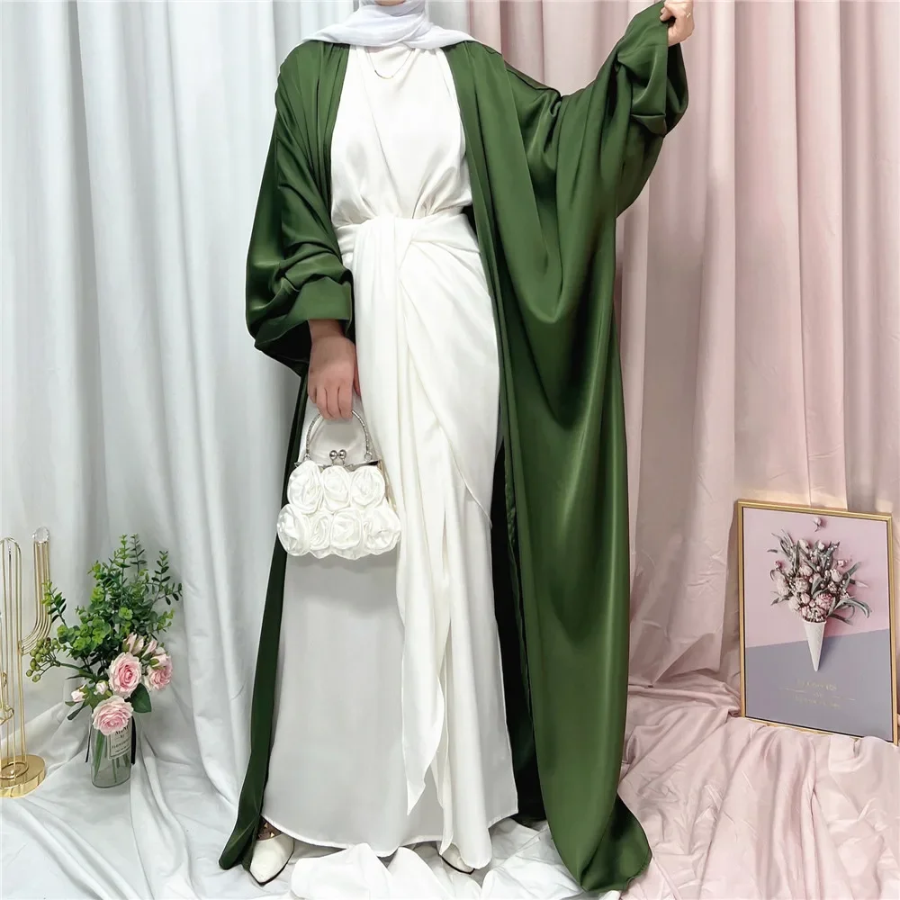 Eid Mubarak Satin Open Abaya Kimono Femme Musulmane Puff Sleeve Muslim Hijab Dress Islam Abayas for Women Dubai Kaftan Clothing