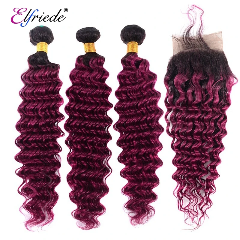 Elfriede 1B/Dark Purple Deep Wave Ombre Colored Hair Bundles with Closure 100% Human Hair Weaves 3 Bundles with Lace Closure 4x4